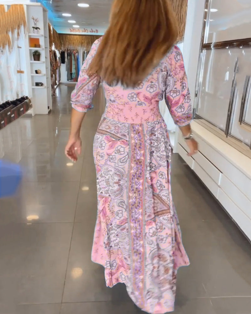 Lis – Kjole med Farverig Paisley Mønster med 3/4 Ærmer og Bindebånd